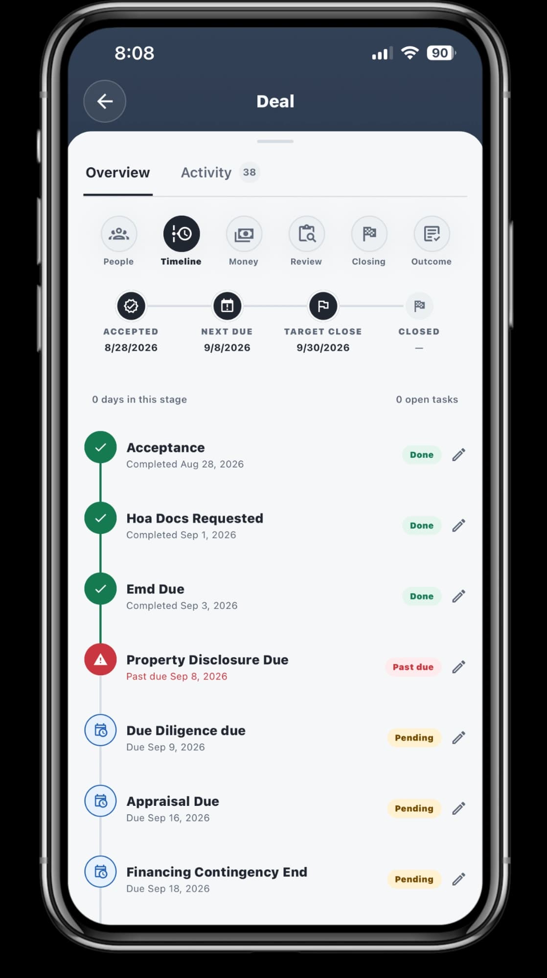 AgentNook mobile deal timeline with milestones and due dates