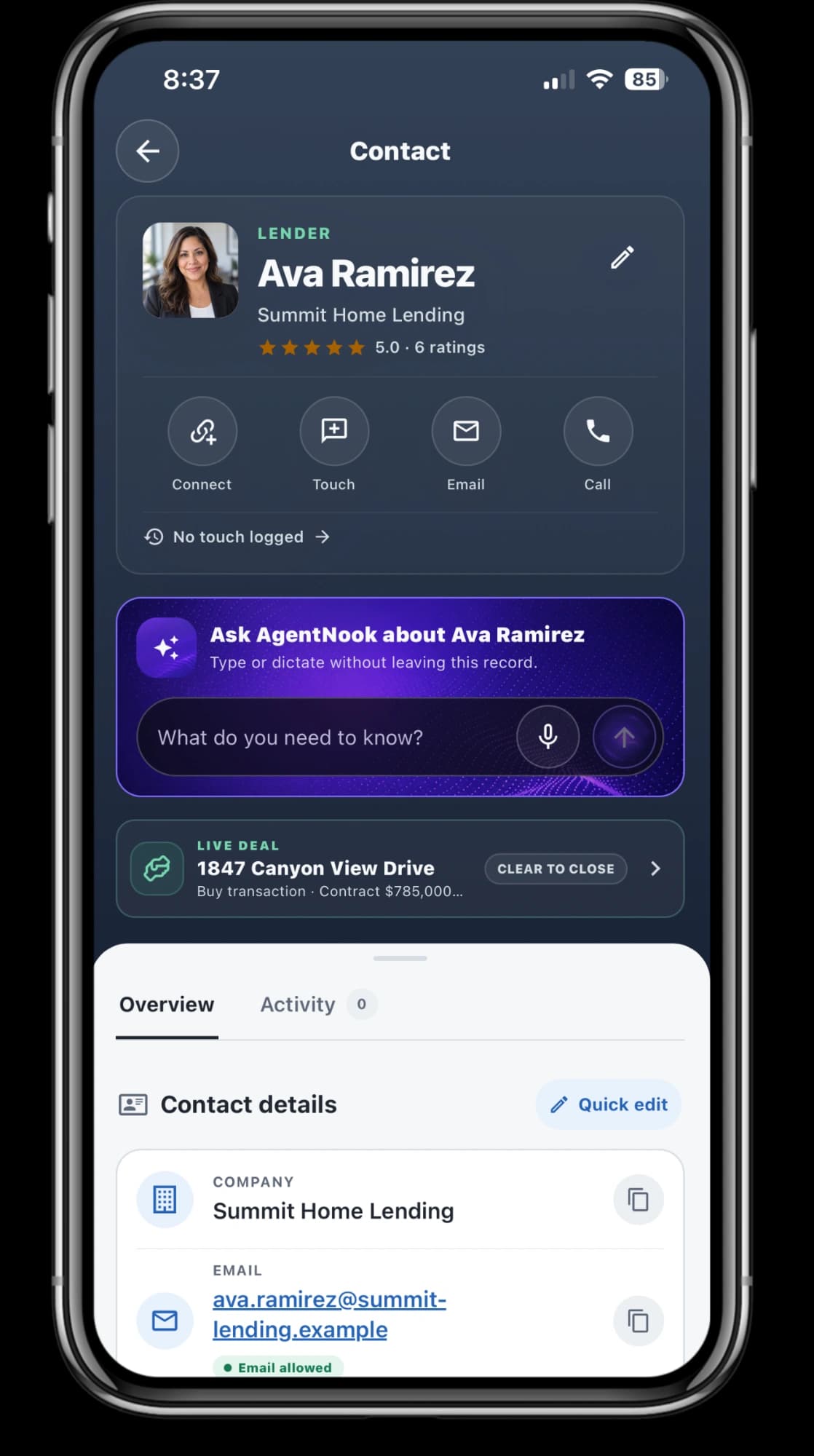AgentNook mobile lender profile connected to a live deal and AI assistant