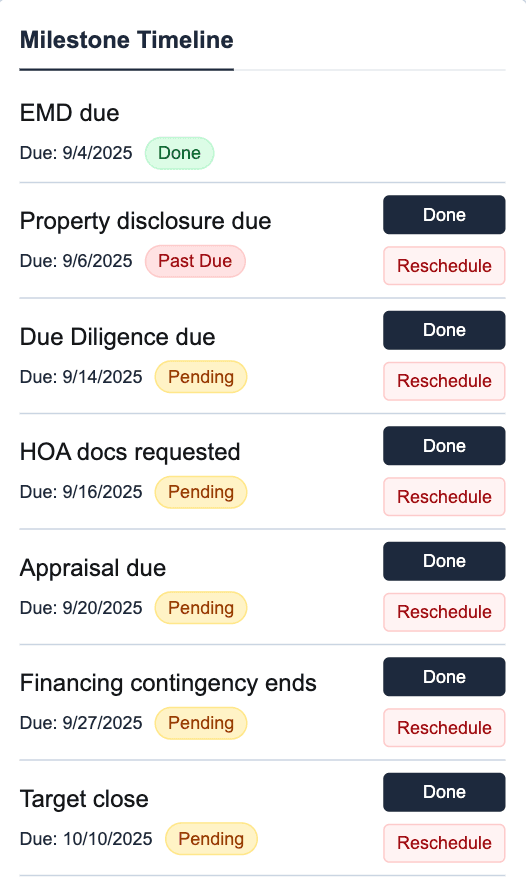 AgentNook mobile deal milestones showing upcoming real estate transaction deadlines