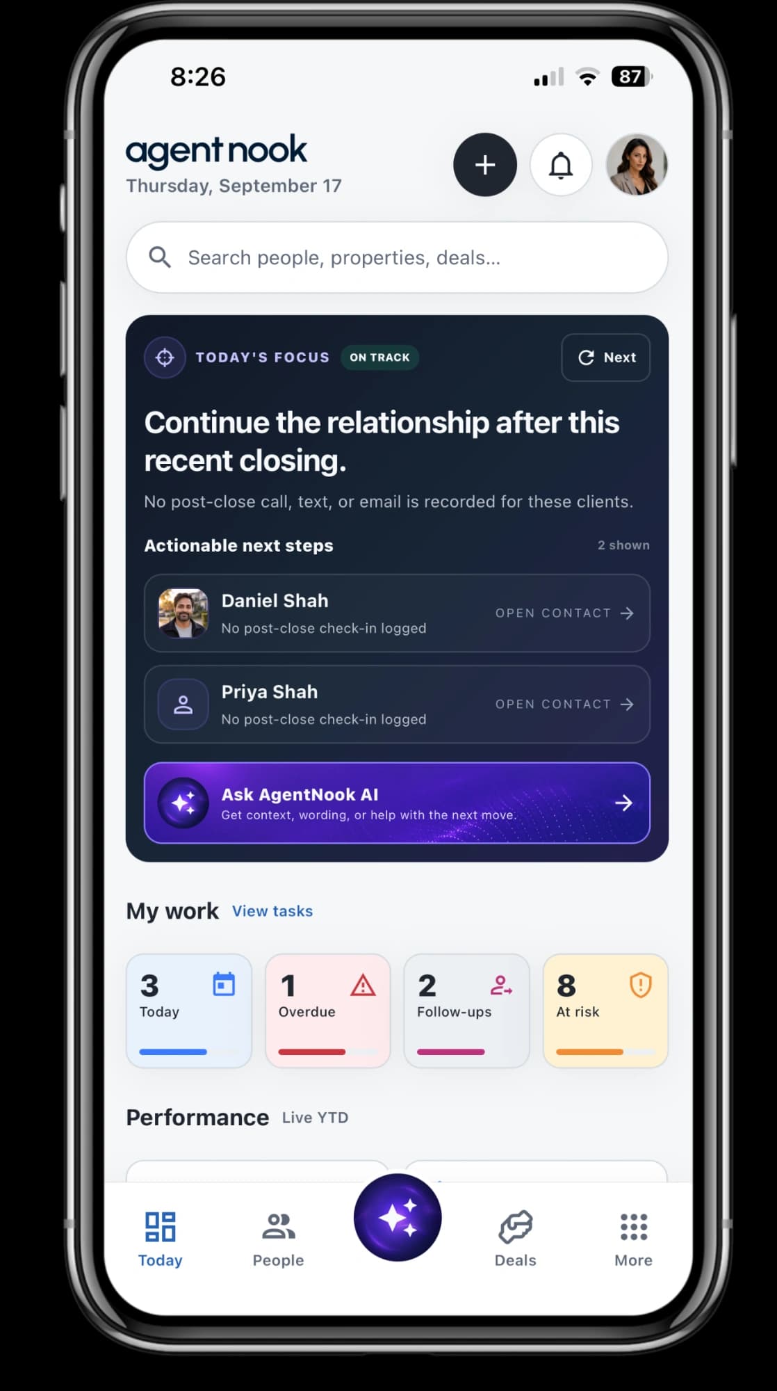 AgentNook Today screen recommending post-closing relationship follow-up