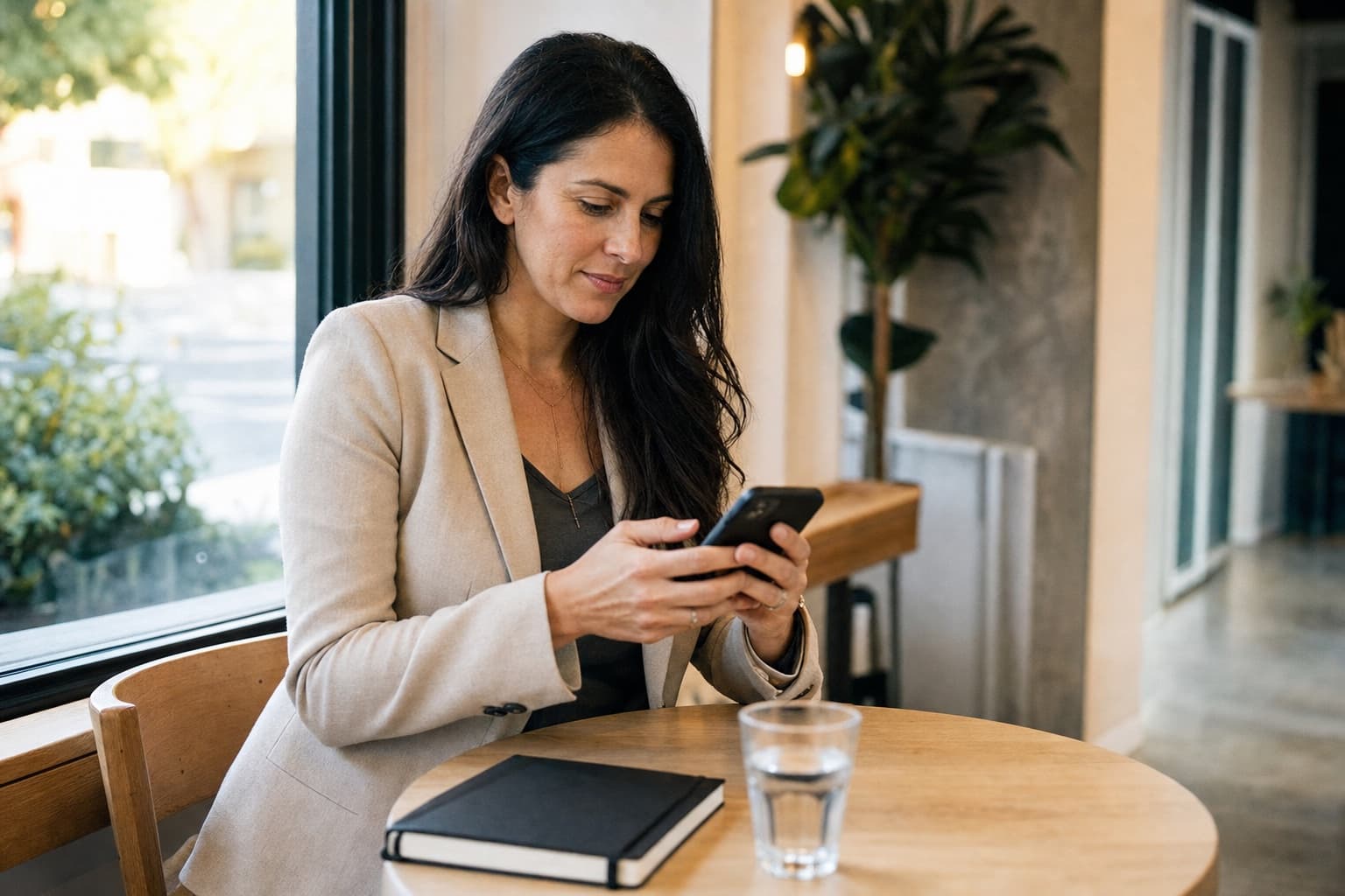 A real estate agent using her phone to follow up with a client between appointments