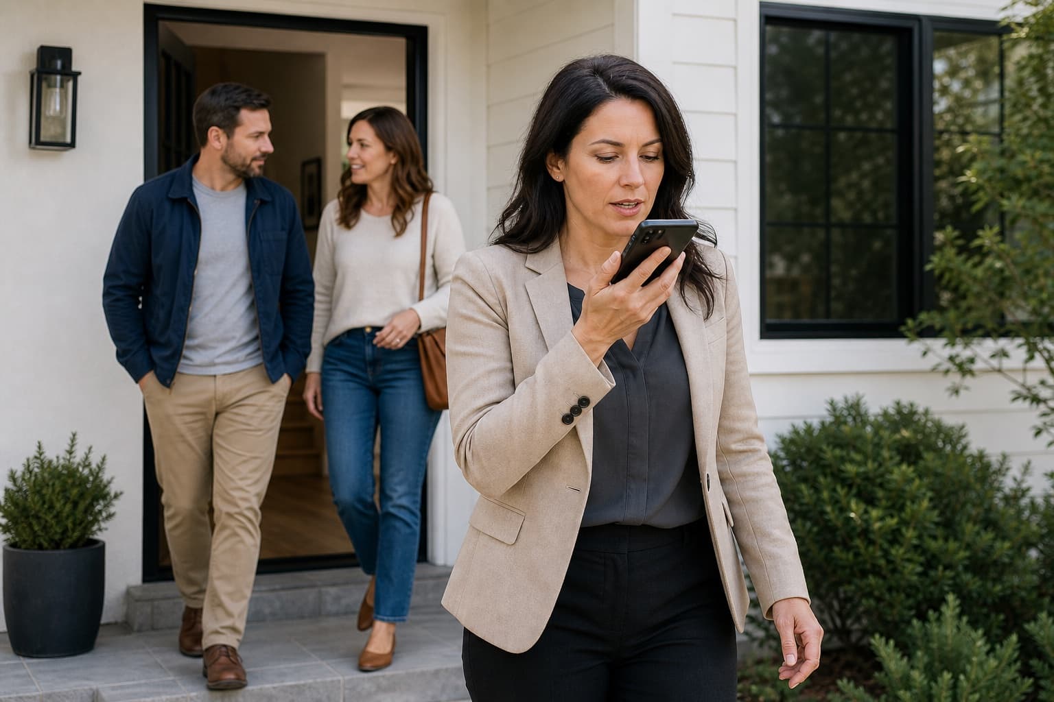 A real estate agent speaking into AgentNook on her phone after leaving a showing
