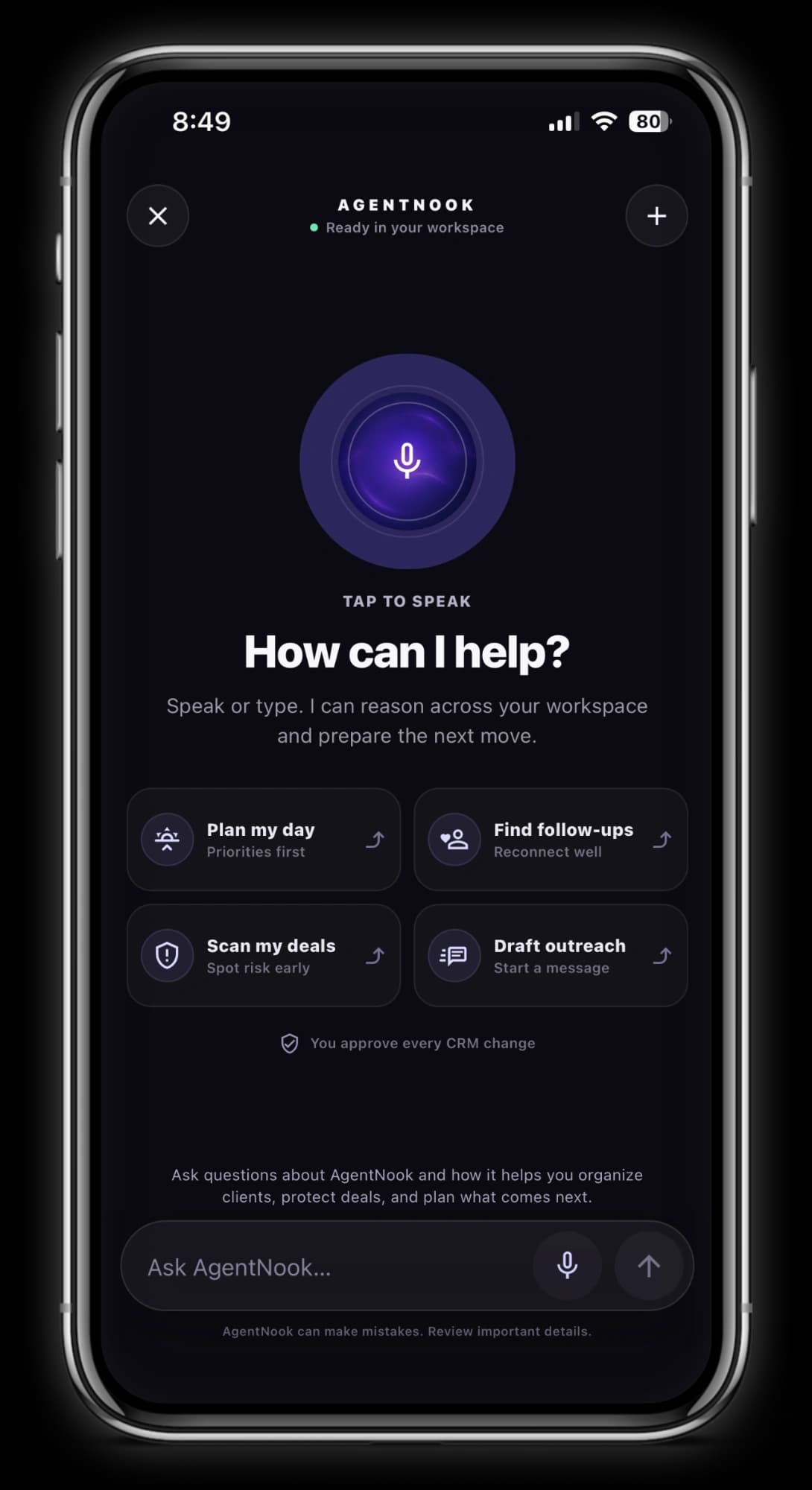 AgentNook voice and AI assistant on iPhone