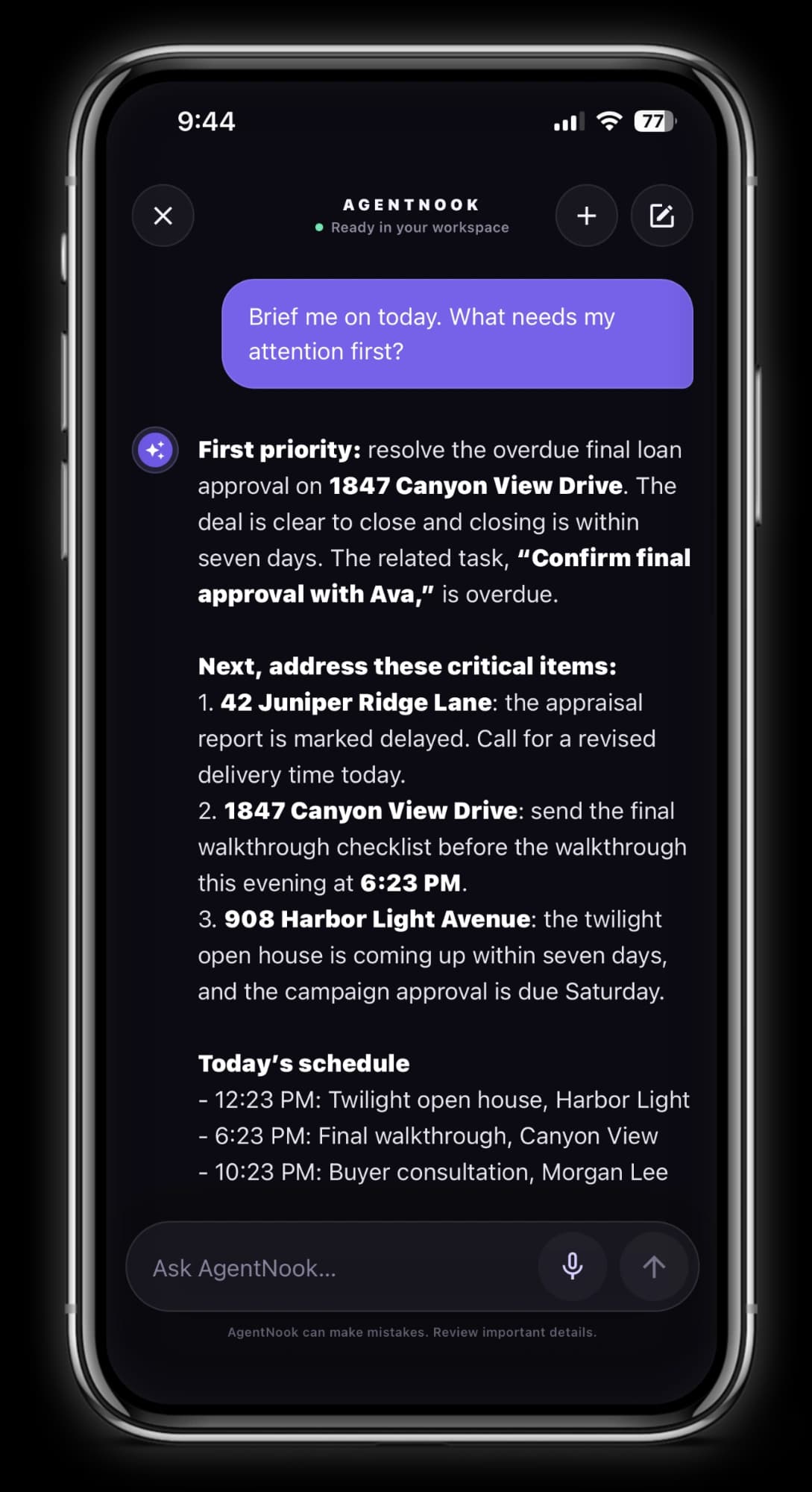 AgentNook AI briefing on an iPhone