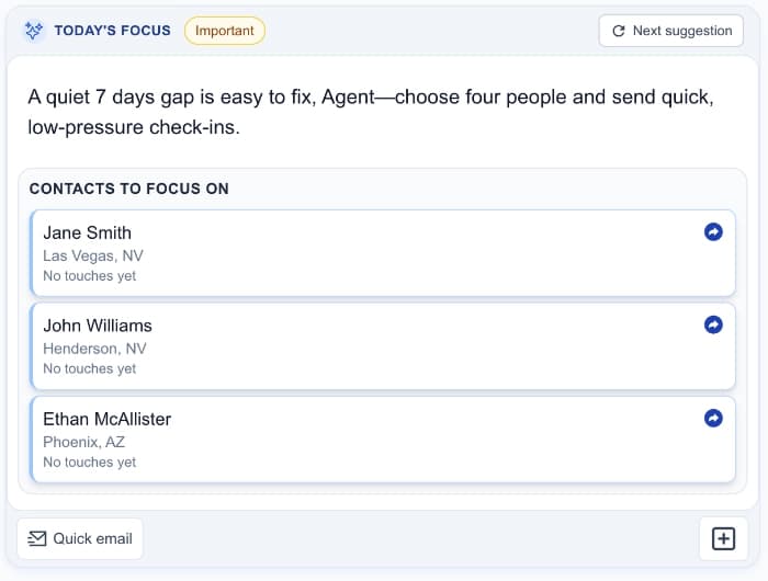 AgentNook daily focus showing real estate contacts who need attention